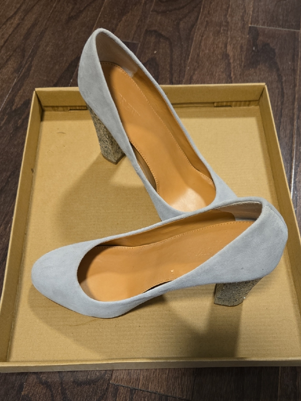 JCrew Women’s Light Gray Suede Block Silver Glitter Heels Size 8.5